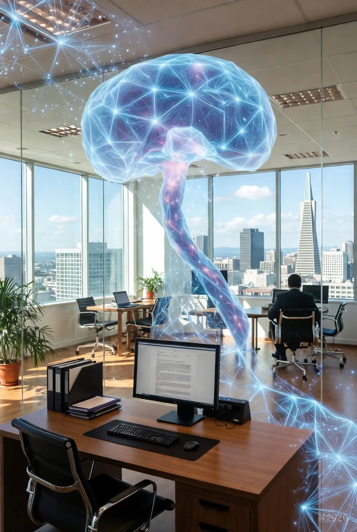 Abstract illustration of a small law firm office merging with AI neural network patterns, representing the integration of artificial intelligence into boutique legal practice